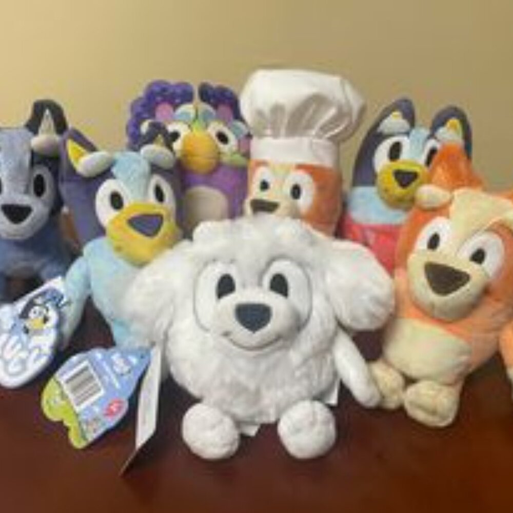 Bluey Plush Lot of 7 - NEW - Includes Baby Bluey, Chattermax, Lila, Socks + more